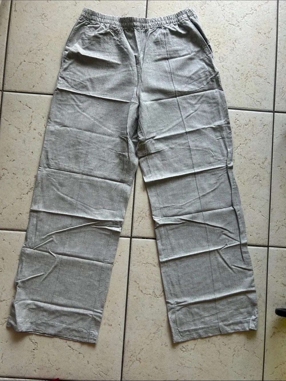 H&M Womens Linen-Blend Elastic Waist Pants — Light Gray